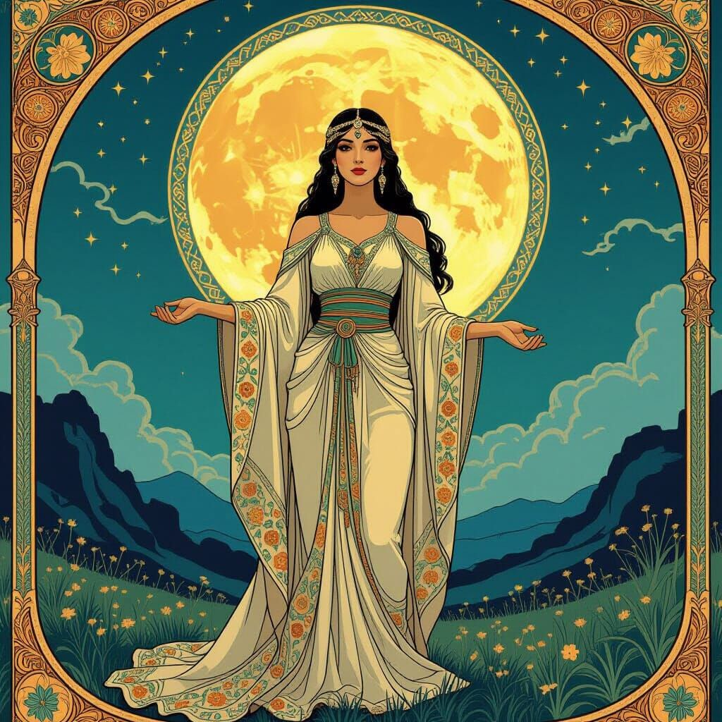 Turkish Moon Goddess Yalchuk in Art Nouveau Landscape