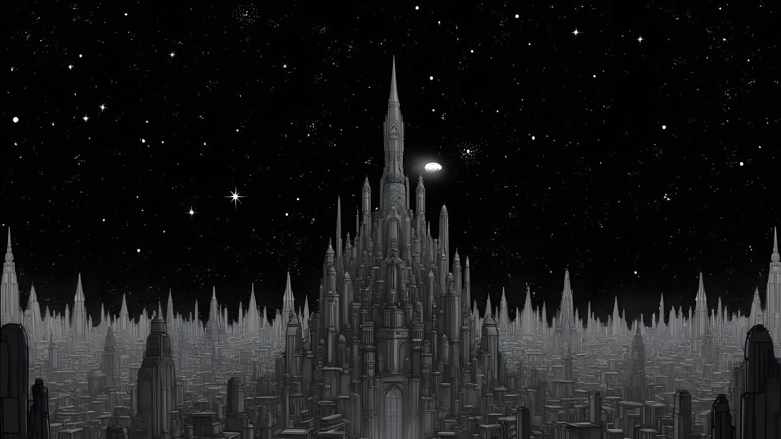 Mysterious Ancient Cityscape Under Starry Black Sky in Line ...
