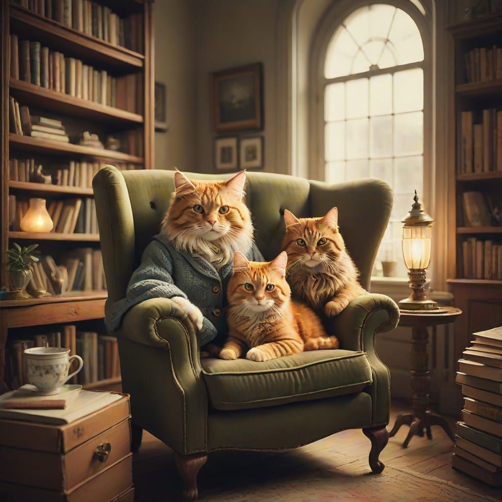 Warm and Inviting Feline Friends in a Cozy Library