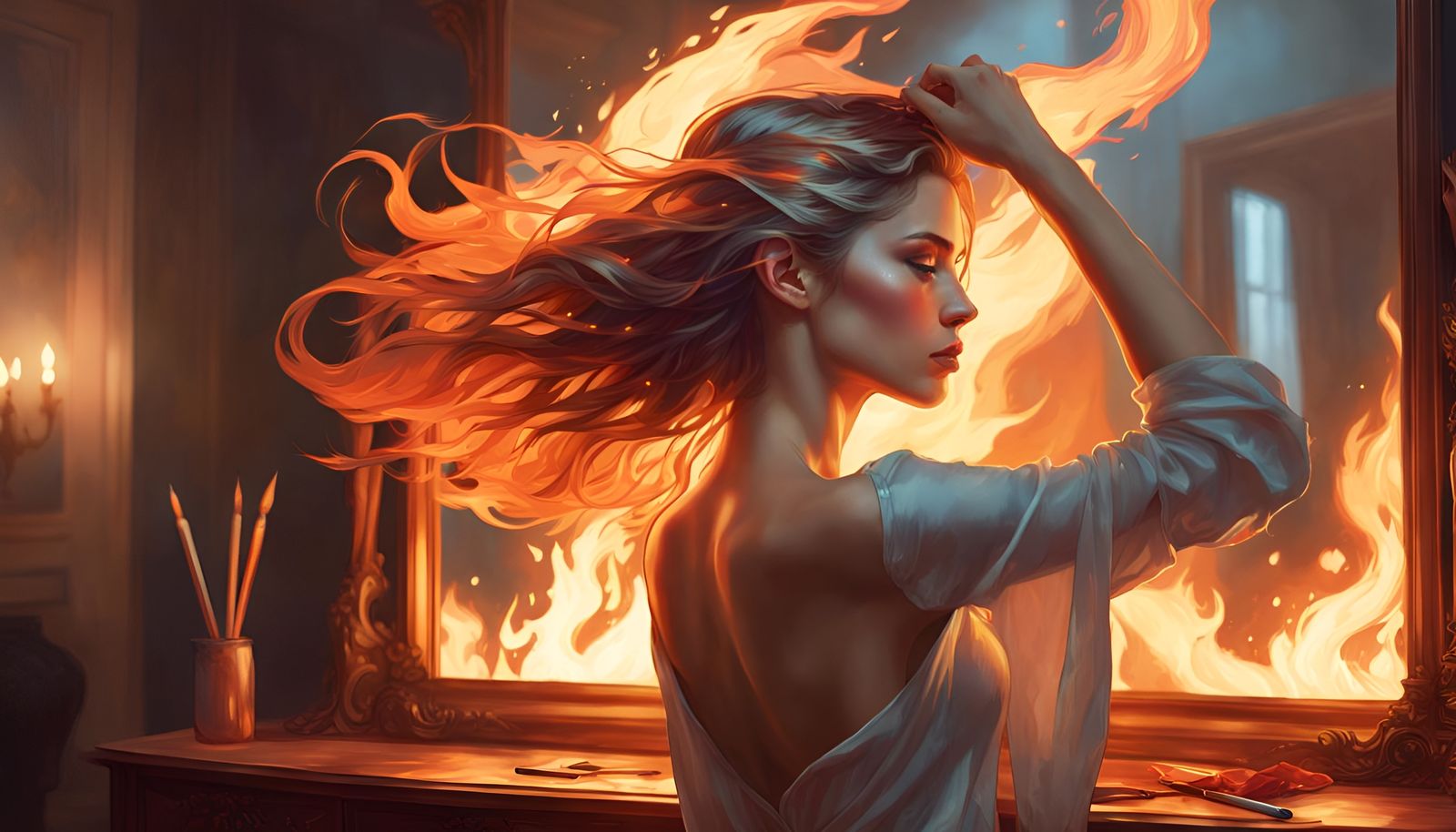 Beautiful Woman with Flames, Hyperdetailed Concept Art