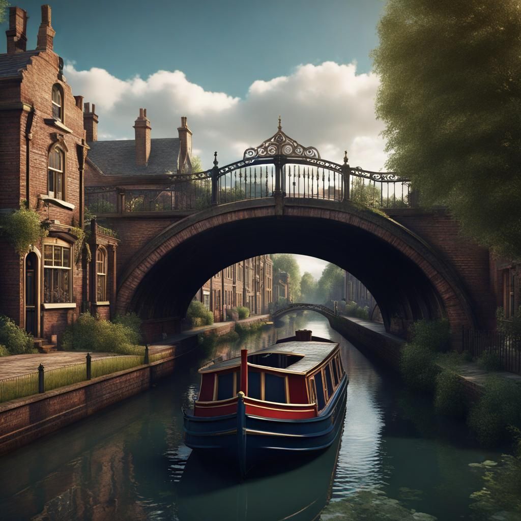 Victorian Canal Boat Scene in Detailed Matte Painting