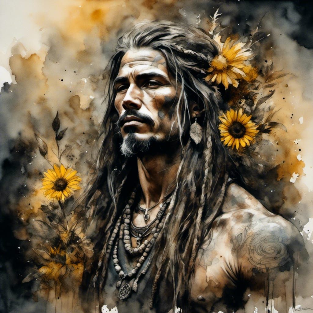 Watercolor Portrait of Pagan Shaman with Braids