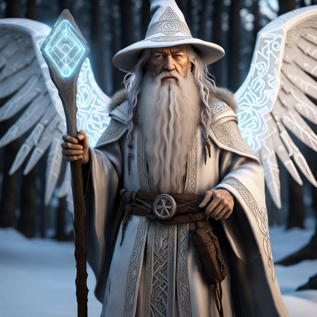 Runic Snow Wizard with Glowing Angel Wings