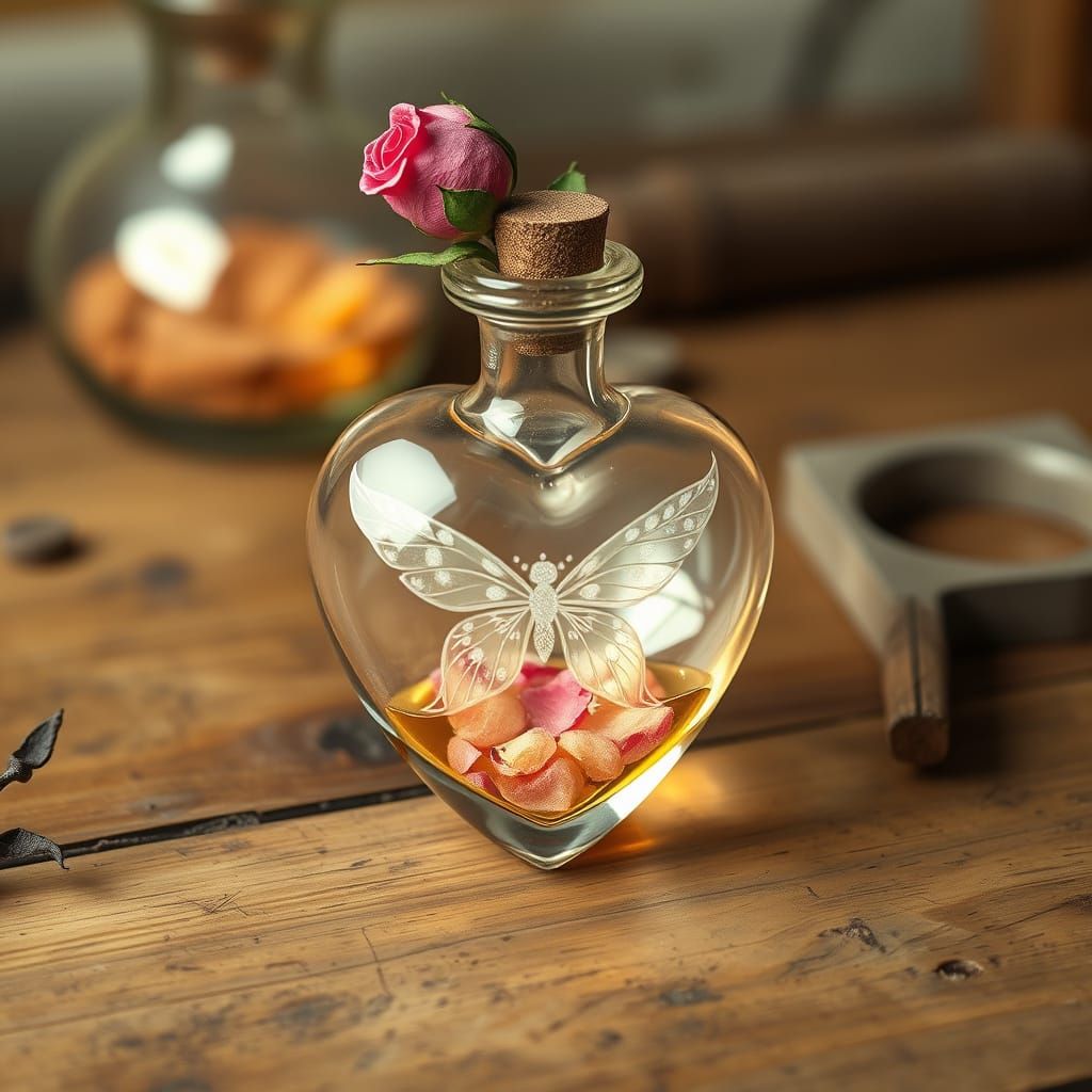 Delicate Crystal Vial with Fairy Wing Etchings and Rose Peta...