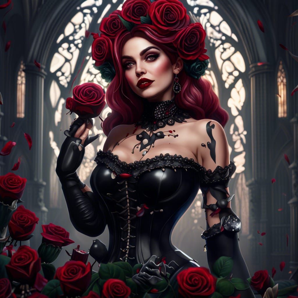 Gothic Pinup with Roses in Detailed Matte Painting