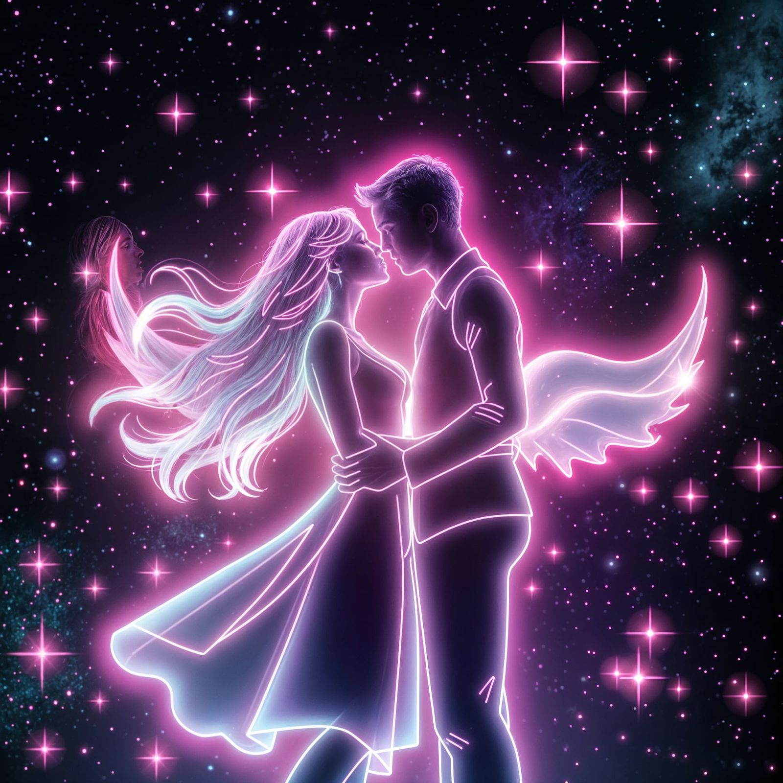 Neon Hologram Lovers in a Starry Universe