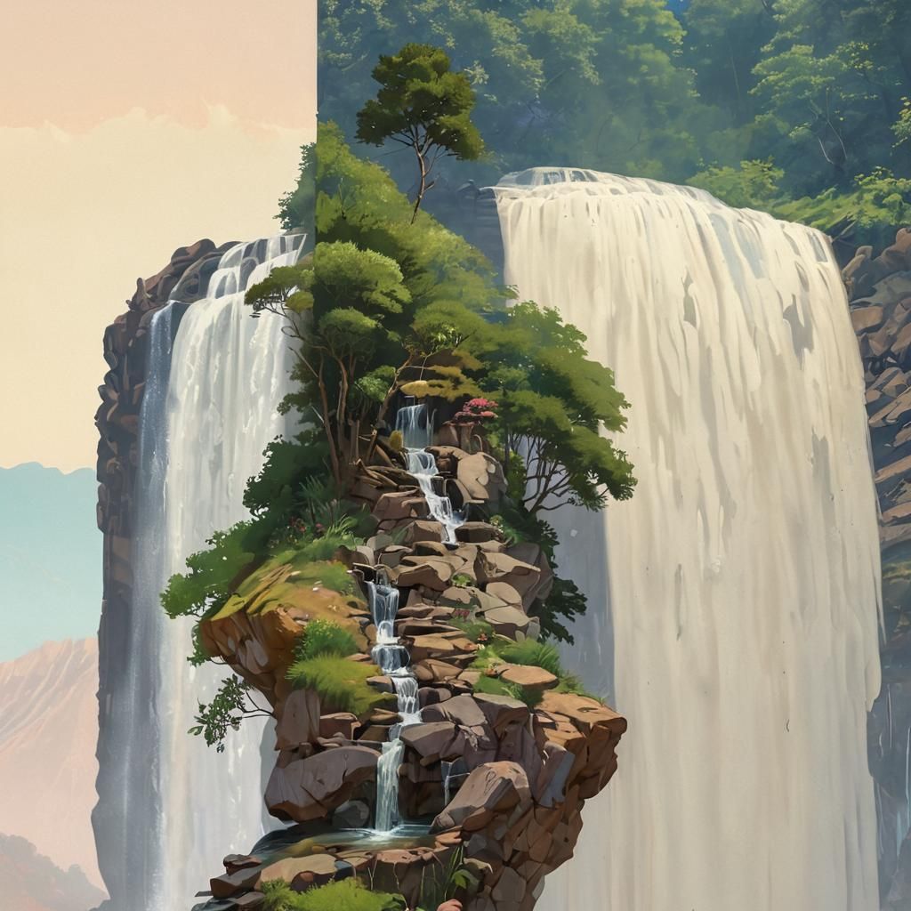 Four Landscape Quadrants with Waterfall: A Vibrant Compositi...