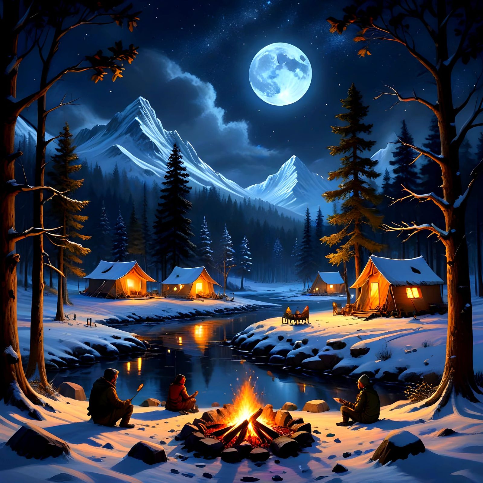 Winter Wonderland Campsite Under Starry Night Sky