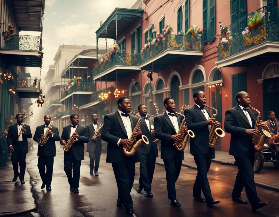 Jazz band walking in street on Mardi Gras in New Orleans