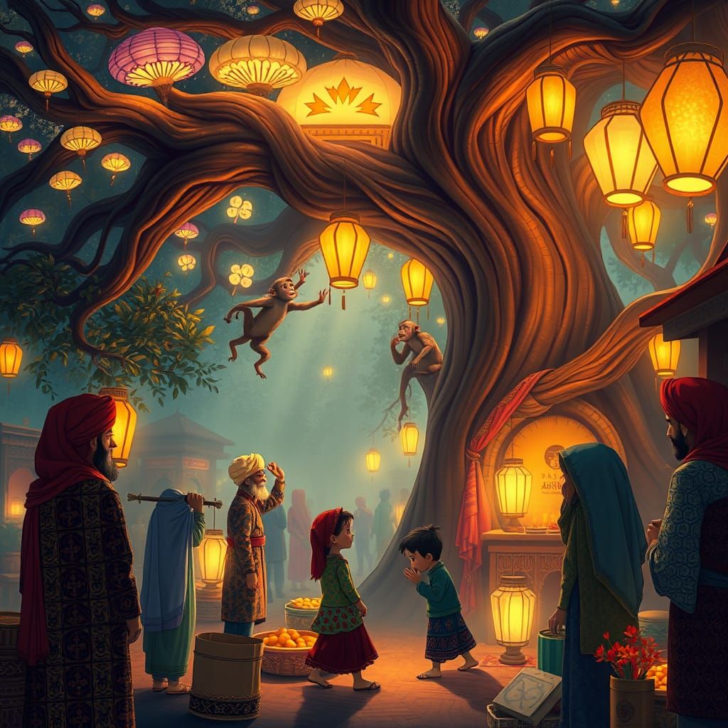 Whimsical Tree Marketplace in Vibrant Islamic Art Style