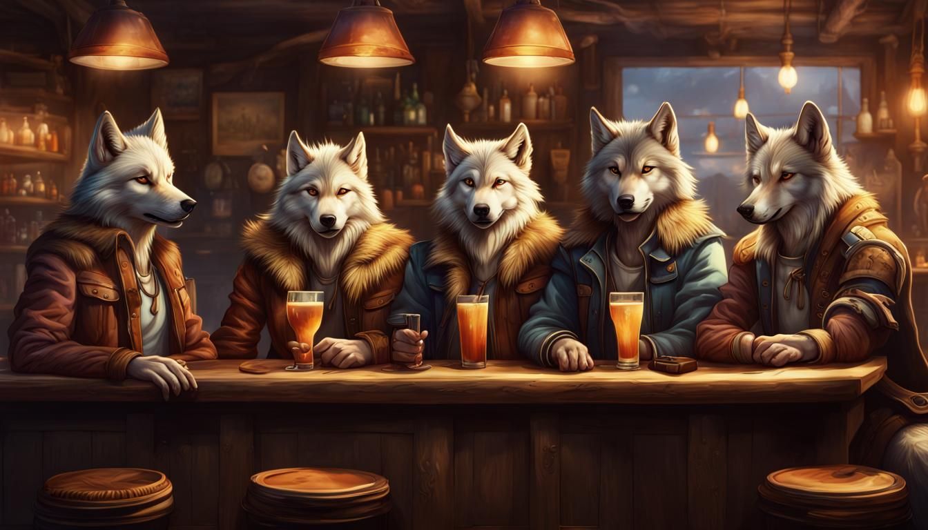 Wolves at a Bar: Detailed Digital Furry Art
