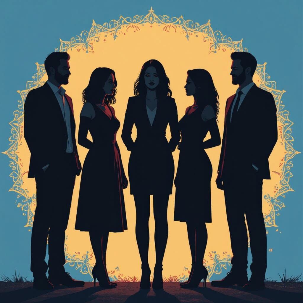 Comedian Silhouettes on Blue Backdrop in Matte Painting Styl...