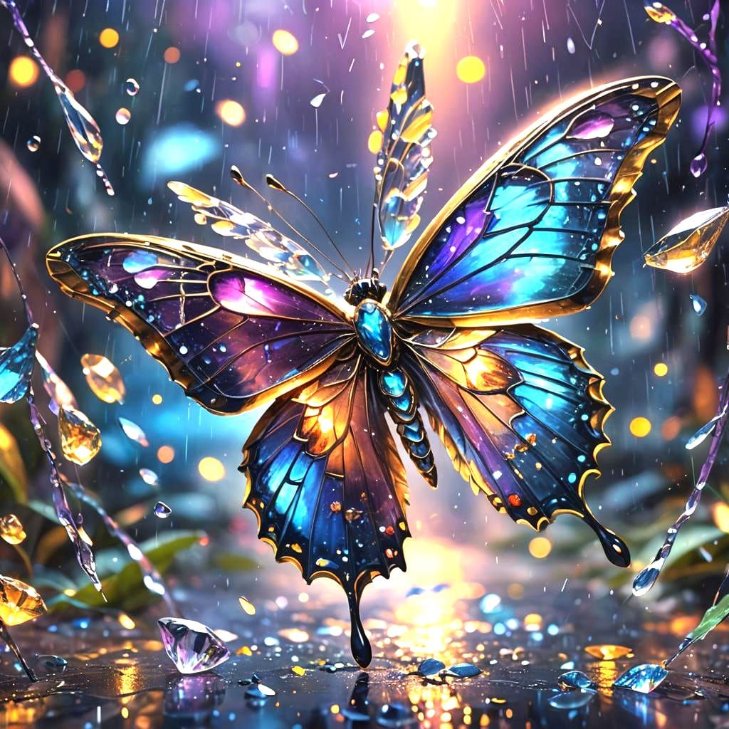 Diamond Butterfly in Rainy Night: Fantasy Concept Art