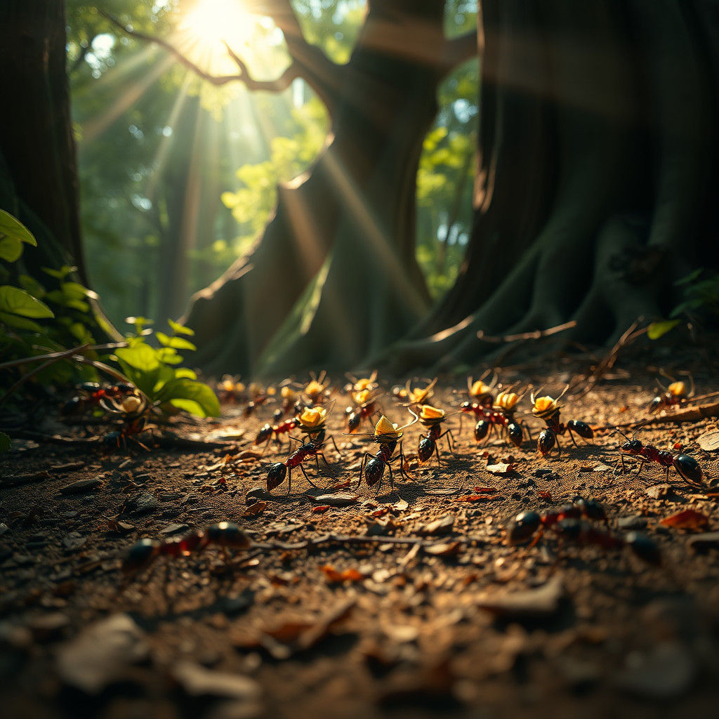 Industrious Ants Marching in Hyperrealistic Matte Painting