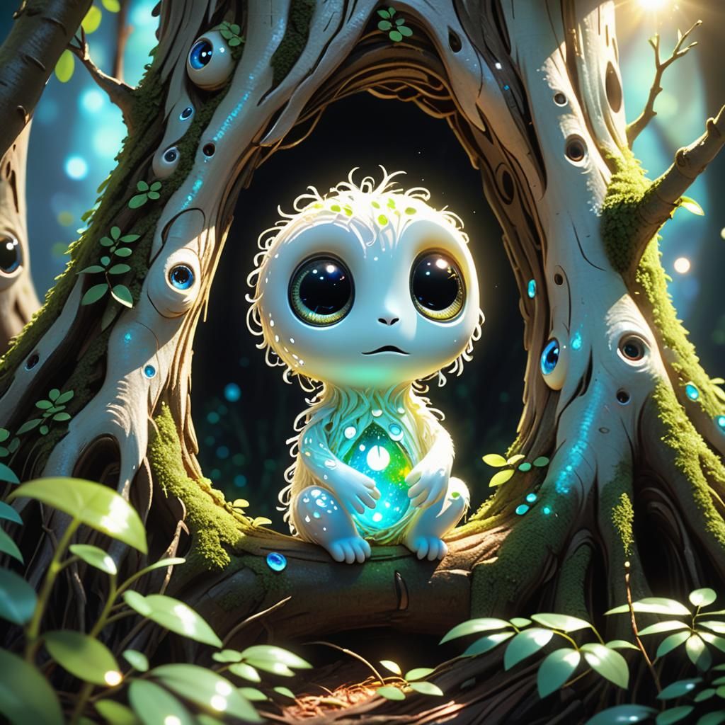 Luminous Kodama Creature Stares into Sunlight