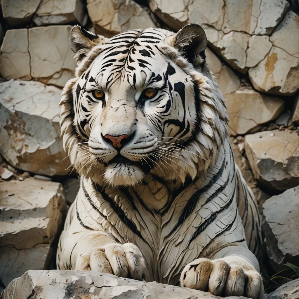 Cinematic Stone Tiger with Multi-Colored Paint