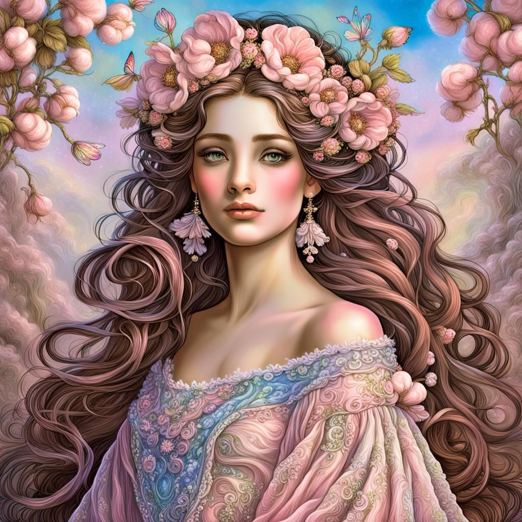 Ethereal Fae Woman with Flowers, Digital Art