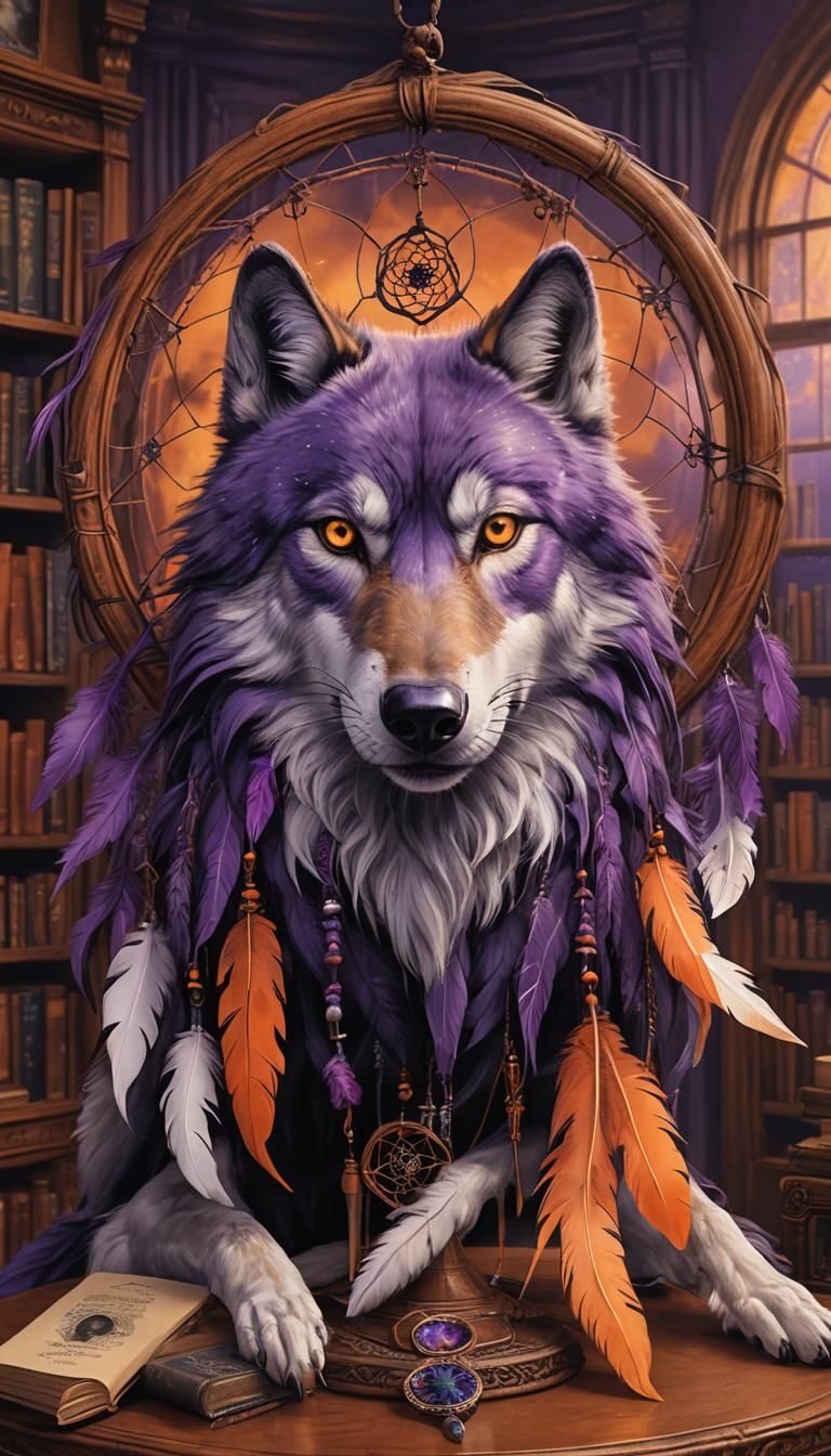 Ghost Wolf Dreamcatcher with Raven in Library