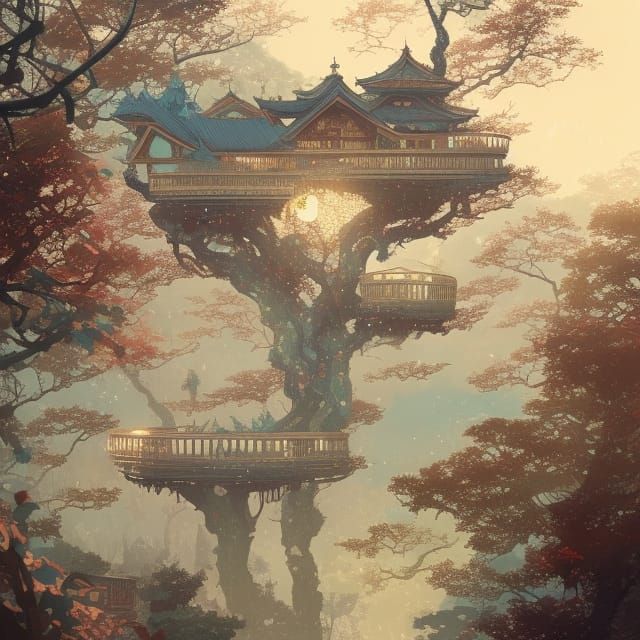 Intricate Treehouse Concept Art in Art Deco Style