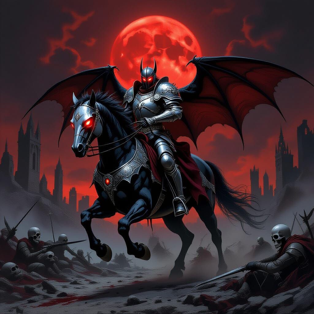 A majestic vampire knight clad in gleaming silver armor, mou...