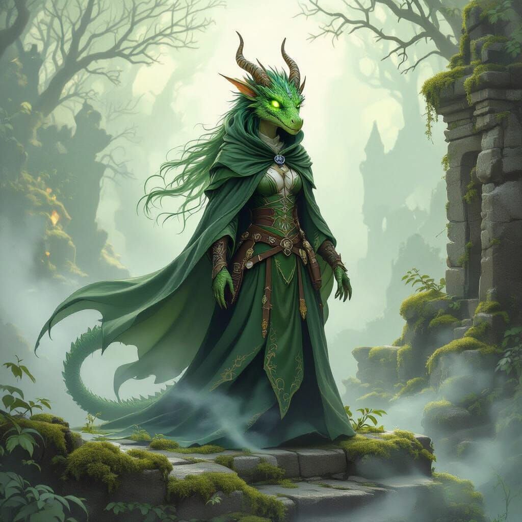 Green Dragonborn Witch on Ancient Ruins in Luminous Glow