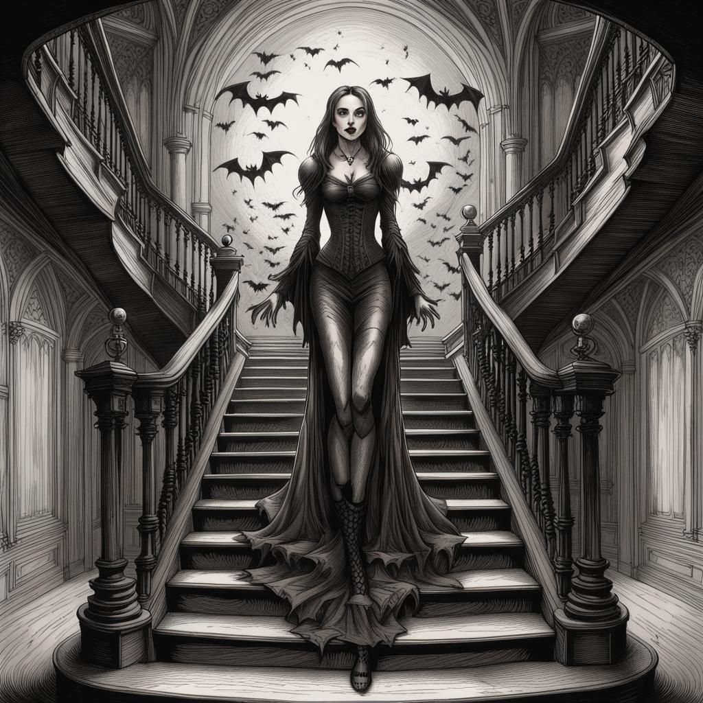 Sinister Vampire in Gothic Mansion: Charcoal Engraving