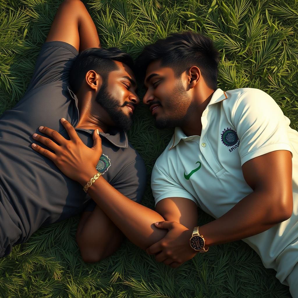 Affectionate Cricket Players Kiss in Lush Field