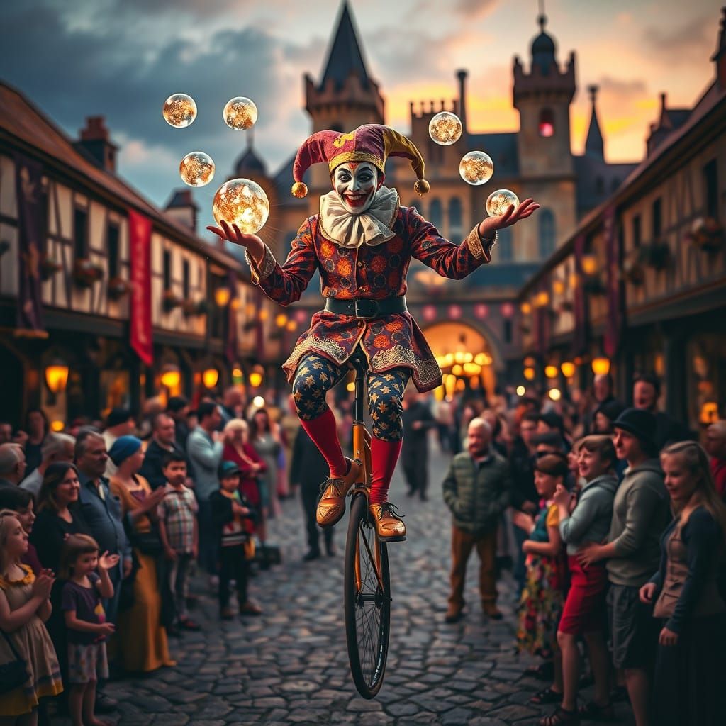 Vibrant Jester in Medieval Courtyard, Glowing with Magical A...