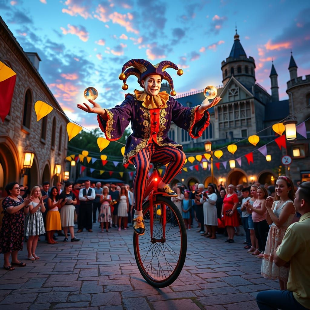 Whimsical Medieval Jester Performs in Lively Courtyard