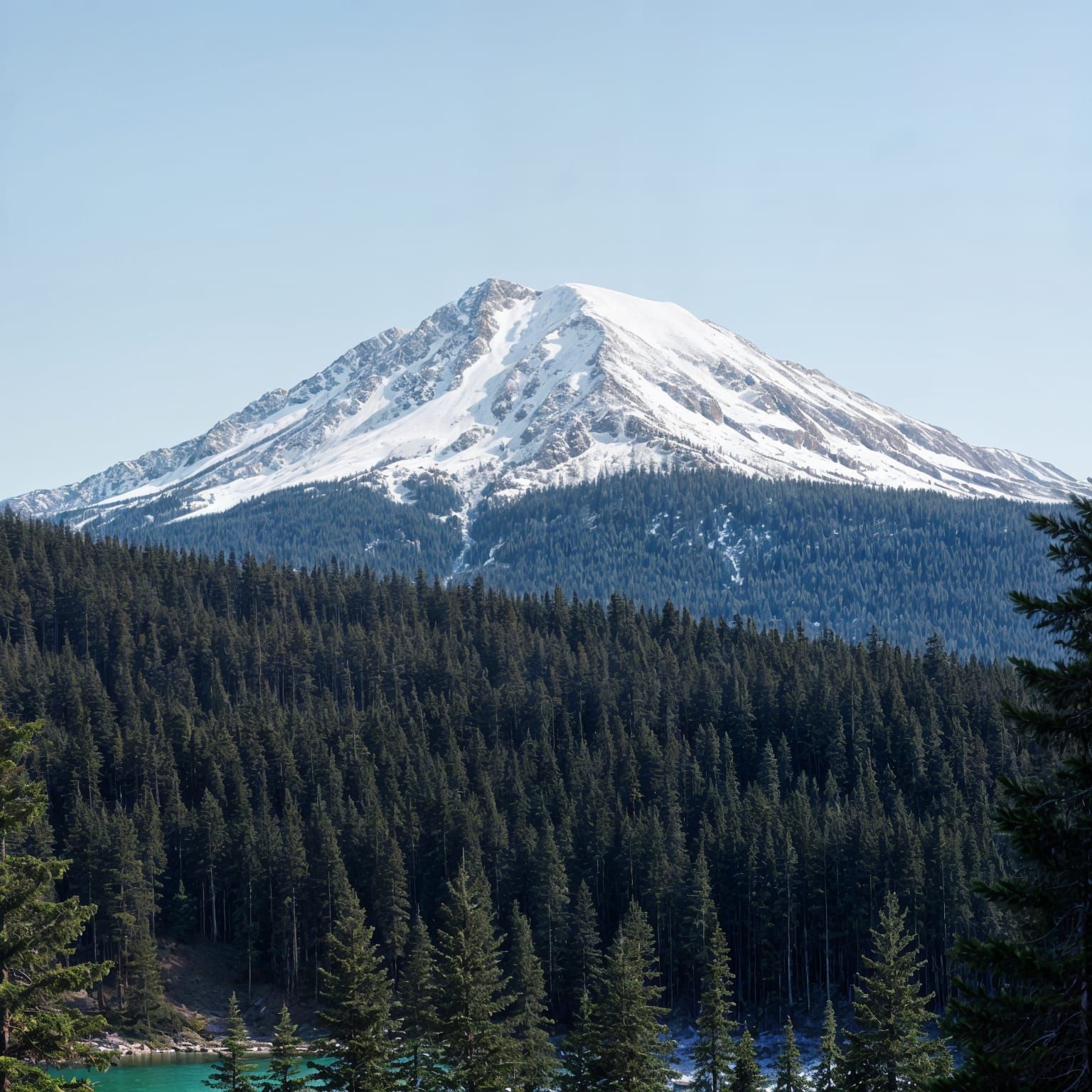 Snowy Mountain Landscape with Pine Forest and Lake
