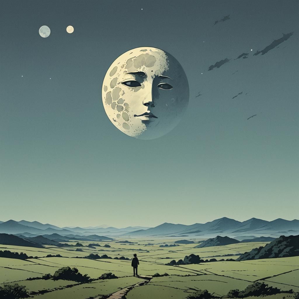 Surreal Moon Face in Anime Pop Art Style