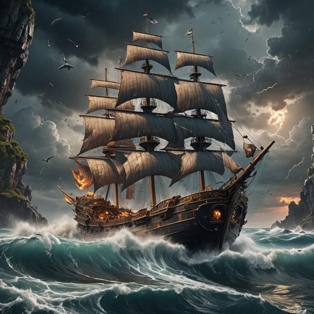 Modern Ship in Stormy Seas: Detailed Matte Painting