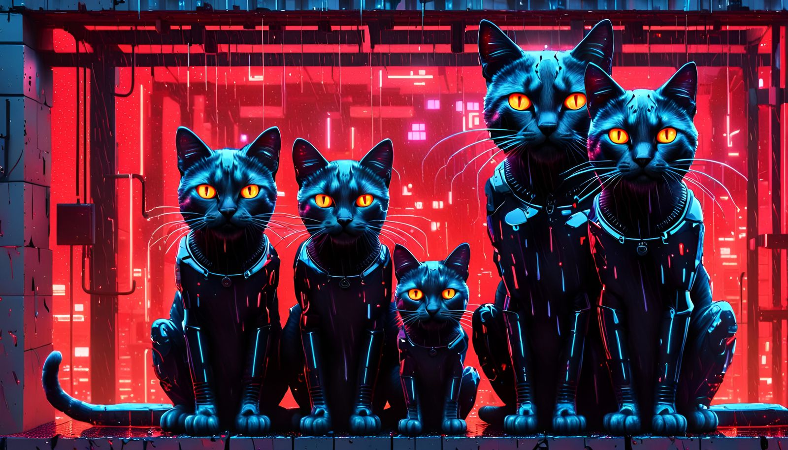 Cyberpunk Cyborg Cats Family Portrait in Anime Style