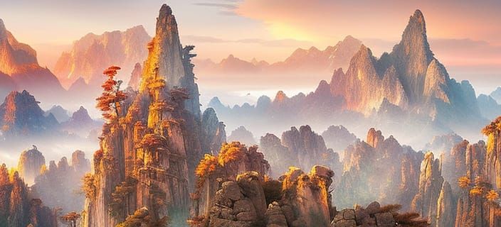 Huangshan Sunrise Panoramic Painting in Maximalist Style