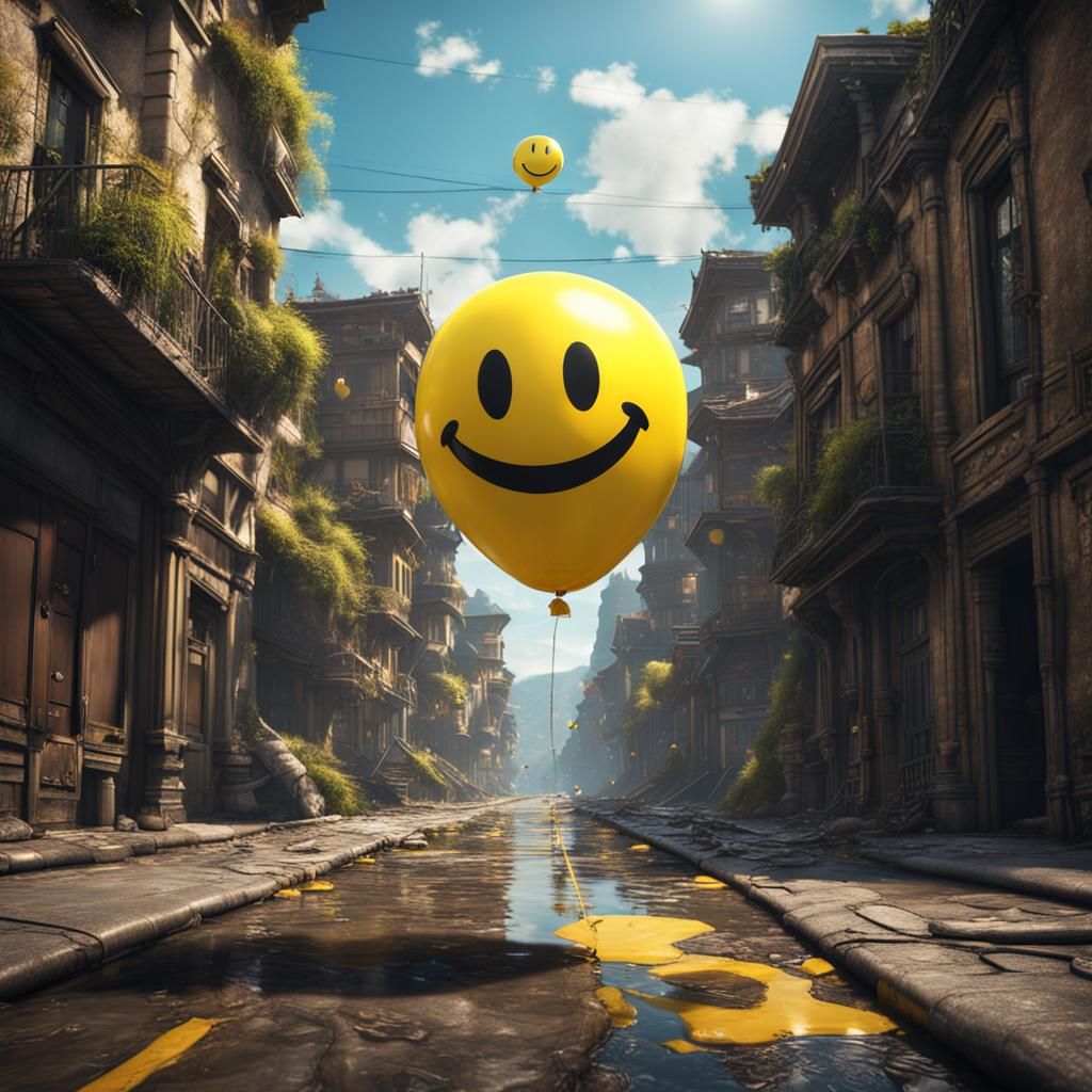 Smiley Balloon in Apocalyptic Street: Digital Art
