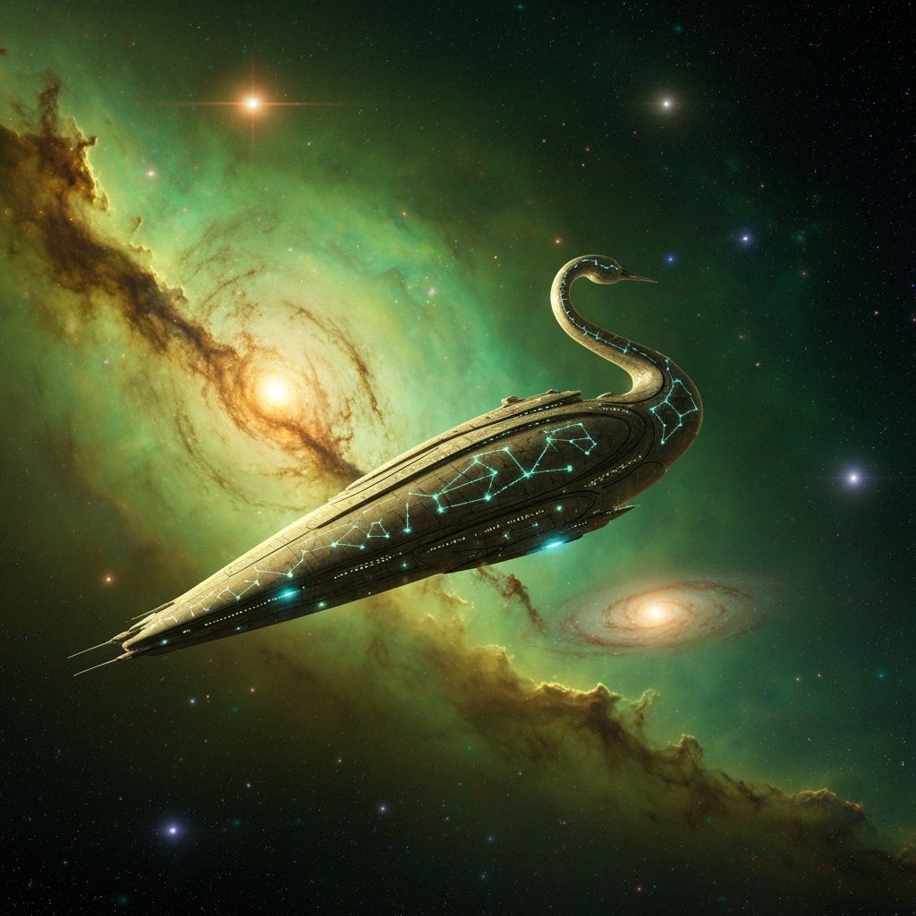 Celestial Swan Starship in Emerald Nebula