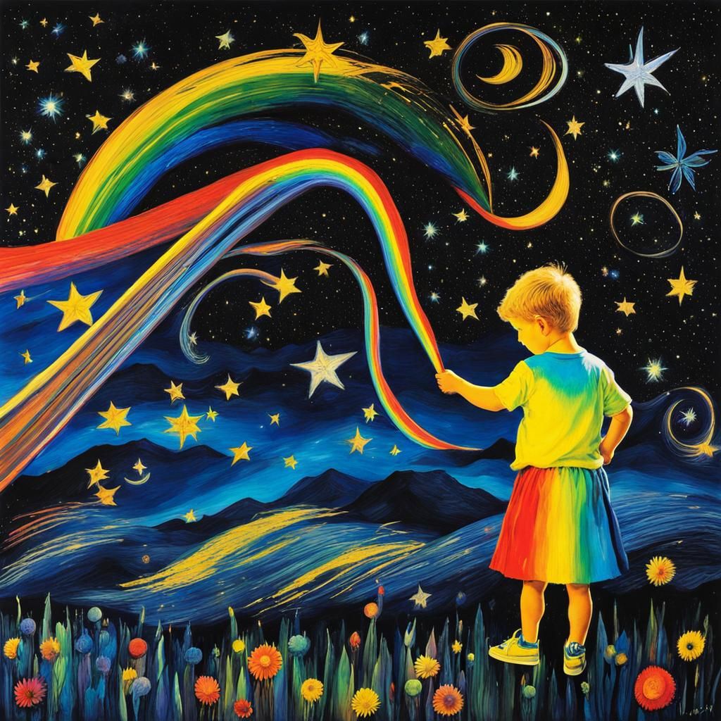 Rainbow Fairy with Starry Night in Surreal Drawing