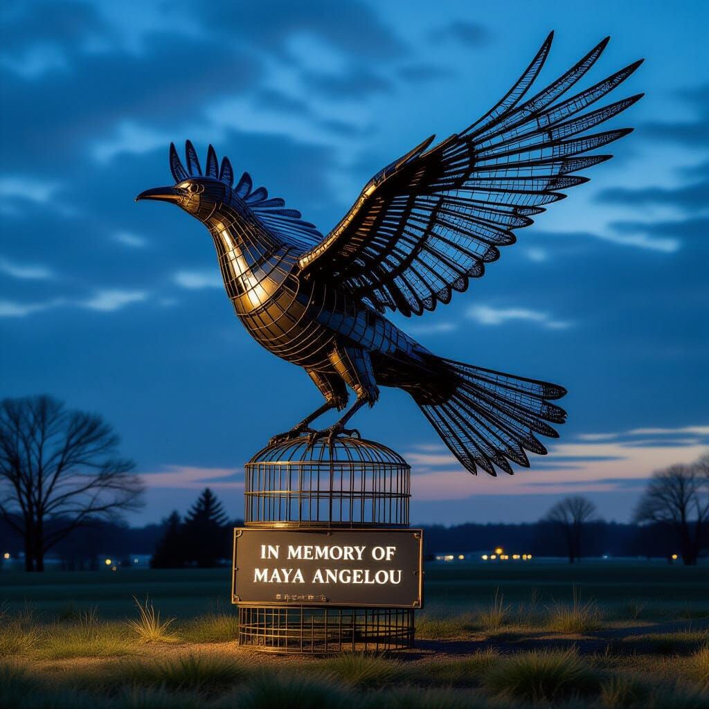 Colossal Bird Sculpture Made of Bird Cages in Dramatic Light