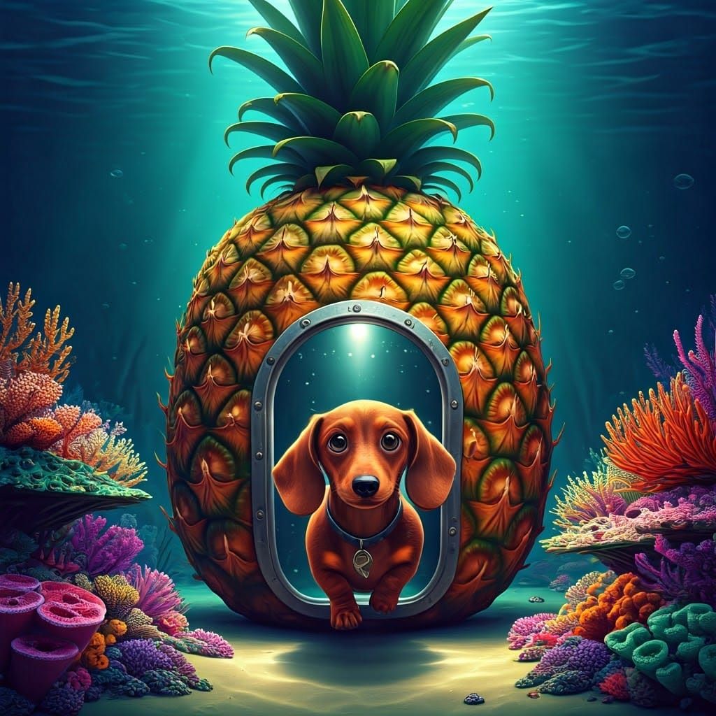 Dachshund Finds Pineapple Home Undersea: 3D Digital Art
