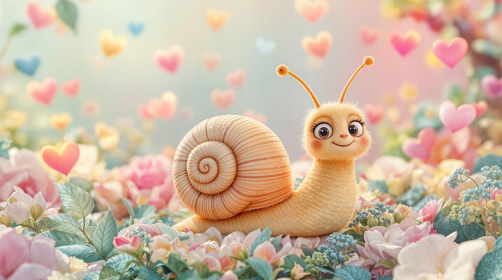CGI Cartoon Snail in a Romantic Garden