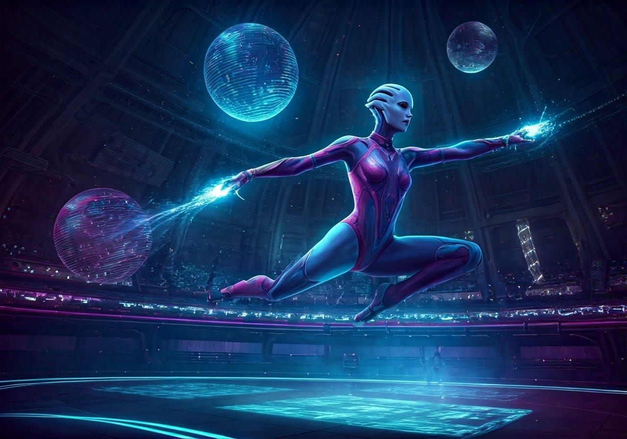 Futuristic Asari Gymnast in Neon Arena
