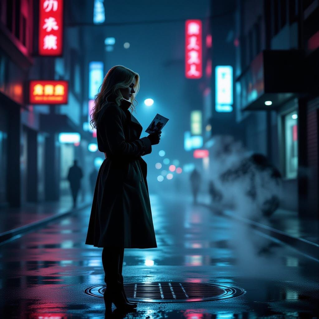 Film Noir Woman on Neon-Lit Futuristic Street