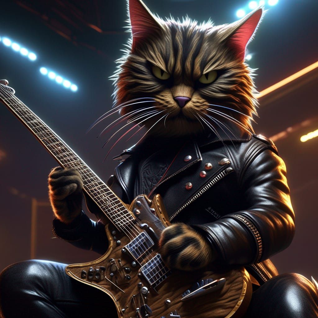 Cat Plays Electric Guitar in Dark Fantasy Style