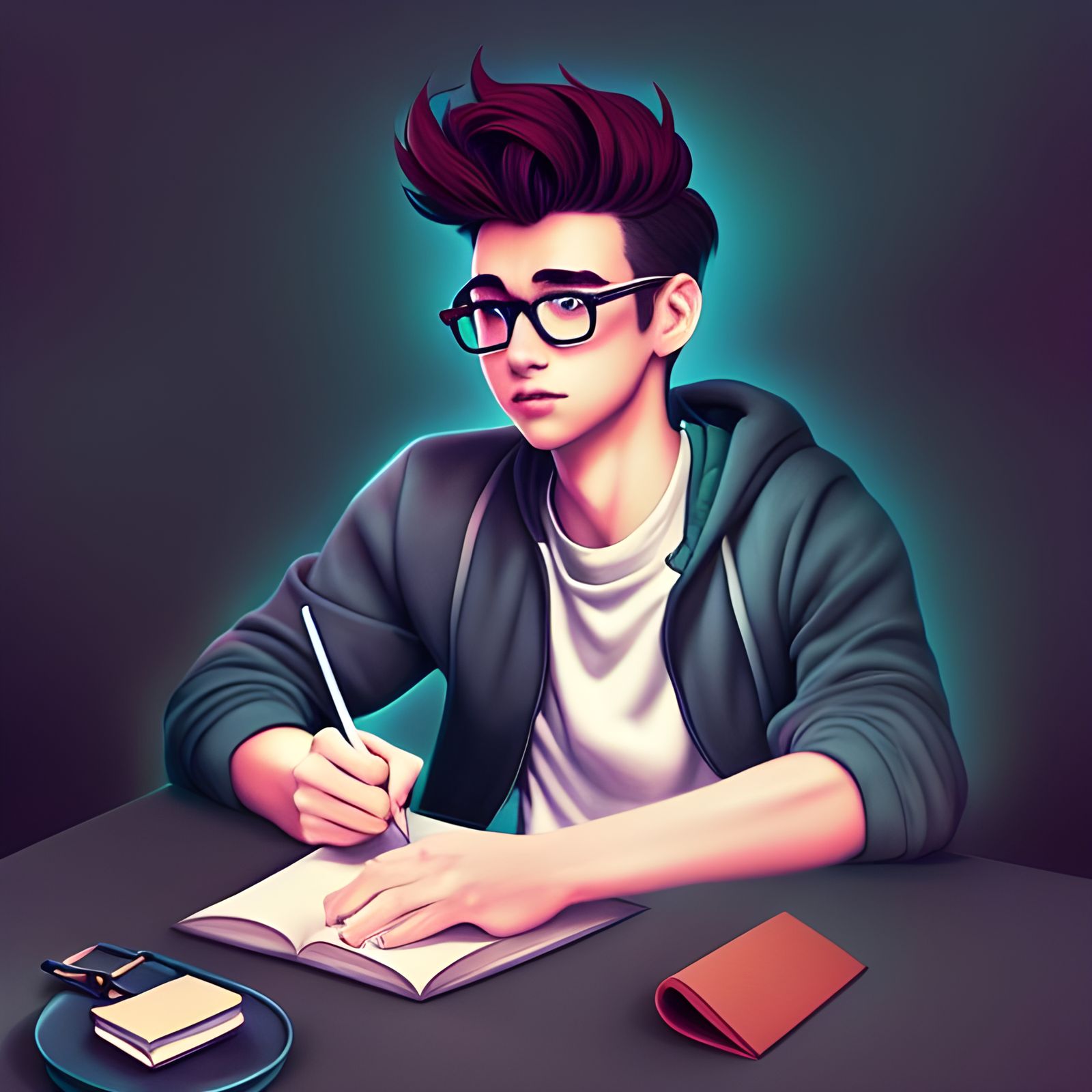 College Boy Writing: Detailed Digital Art Illustration
