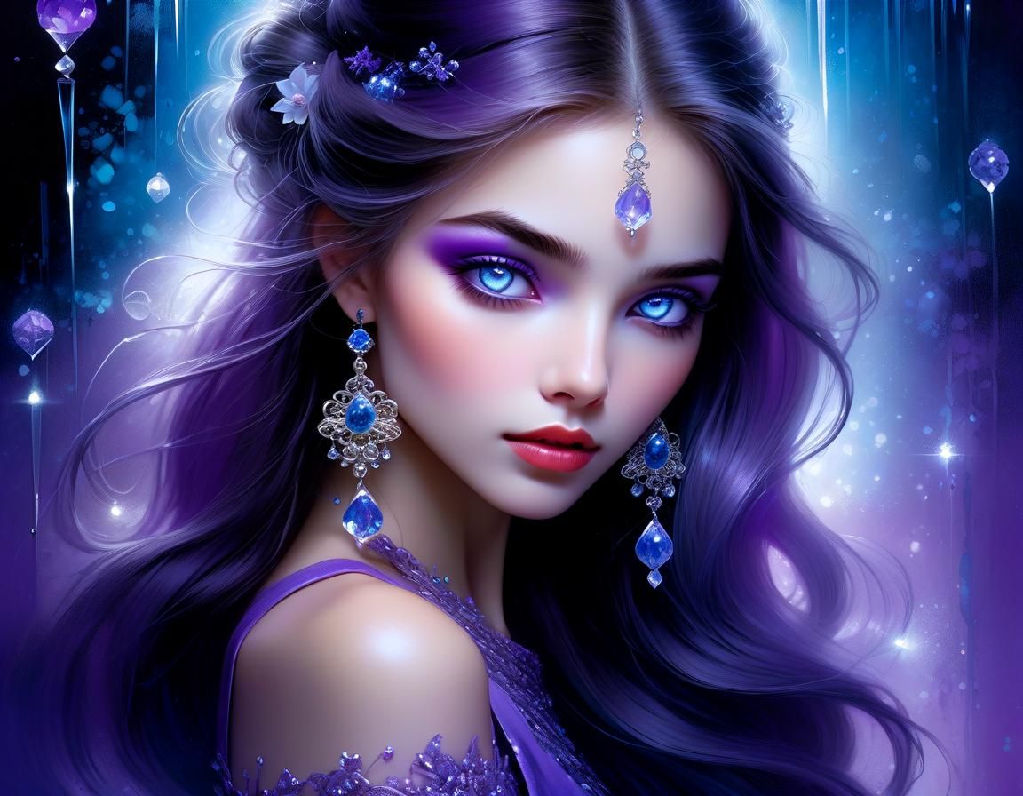 Dreamy Woman with Violet Eyes in Surreal Style