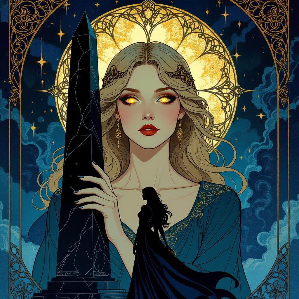 Ethereal Woman Before Obsidian Obelisk: A Dark Fantasy Portr...