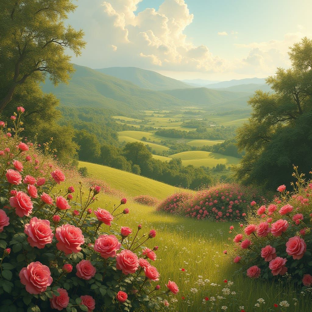 Idyllic Rose Valley Landscape in Pre-Raphaelite Style