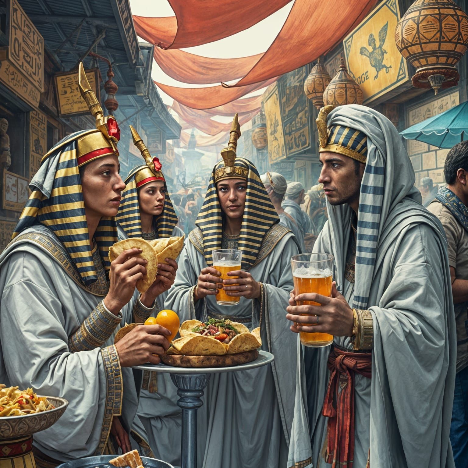Ancient Egyptians Enjoying Tacos in Vibrant Marketplace