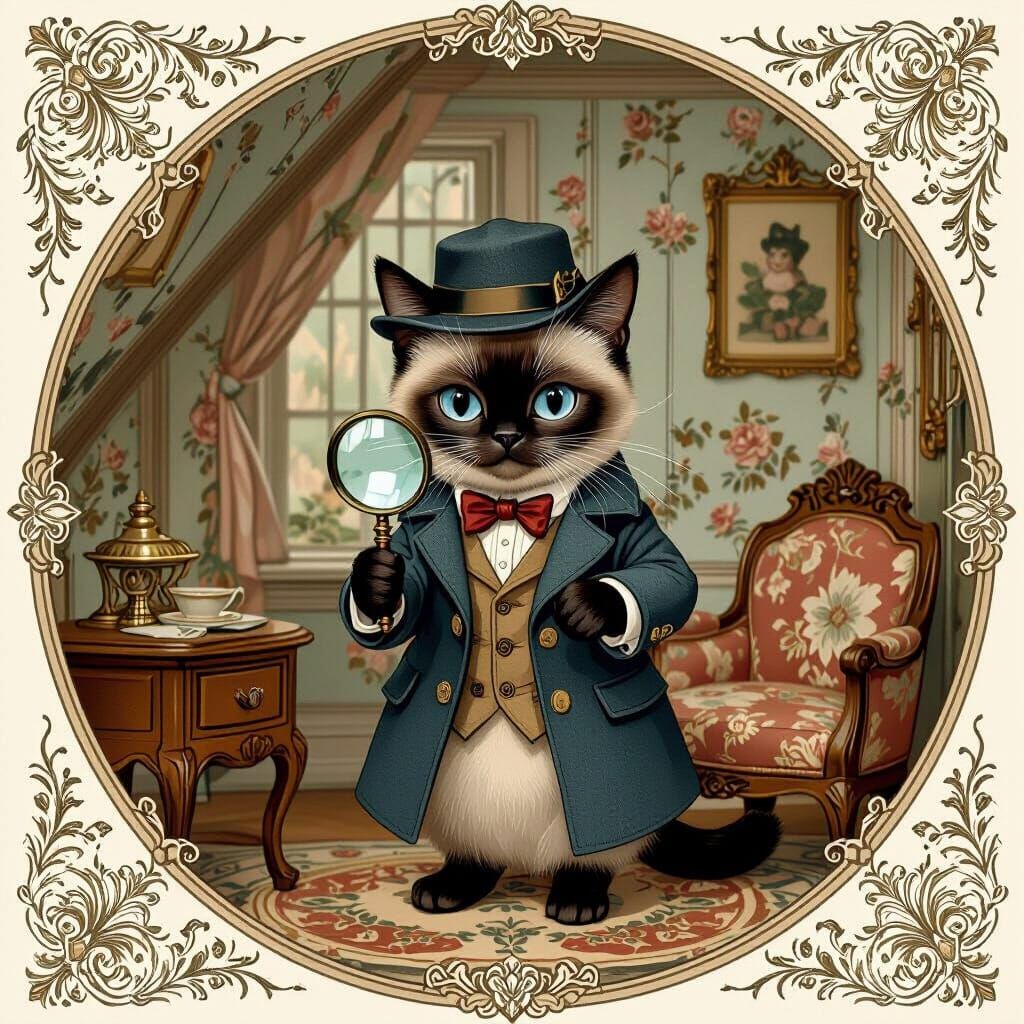 Siamese Cat Detective Investigates Dollhouse in Art Nouveau ...