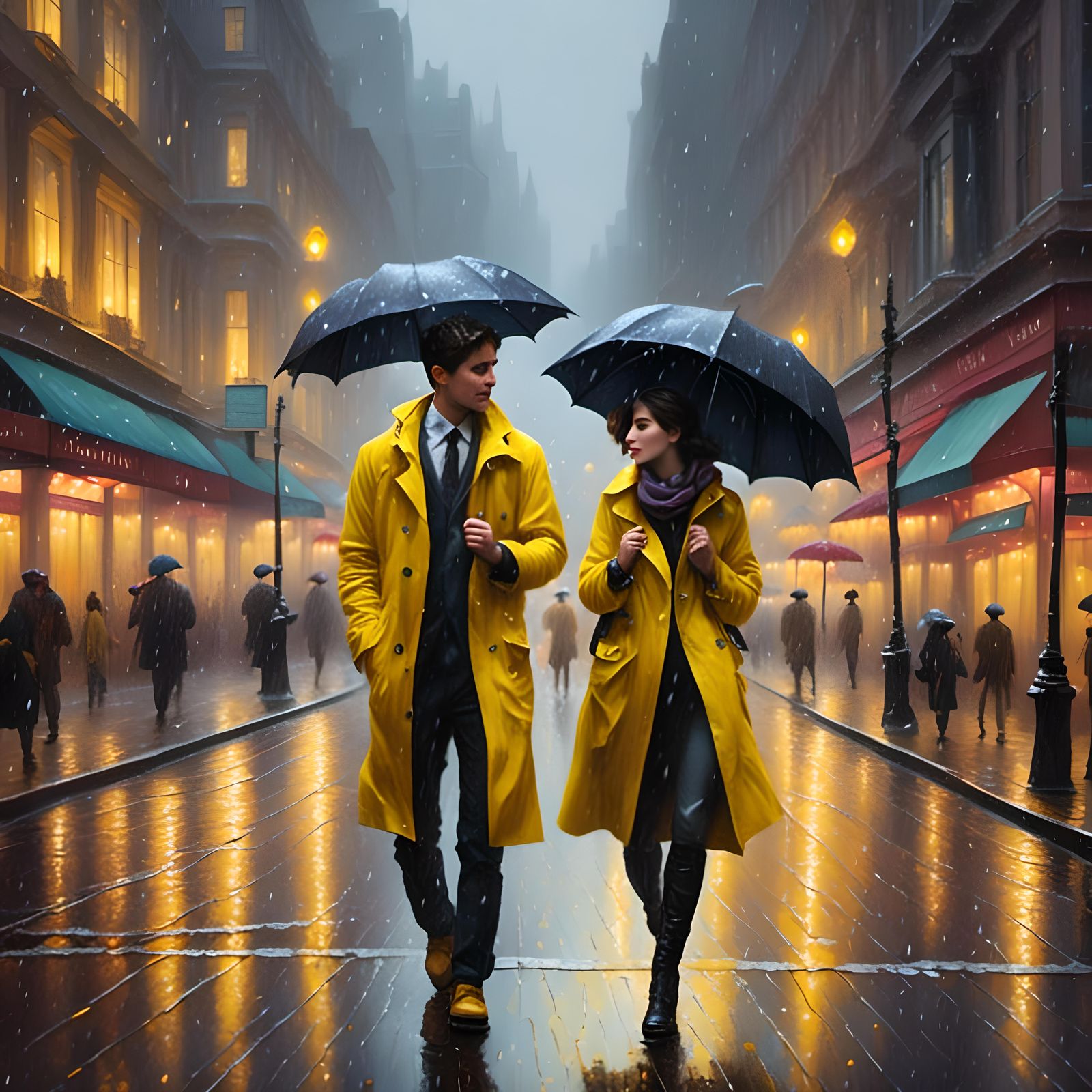 Couple in Yellow Coats Walking in Rainy City